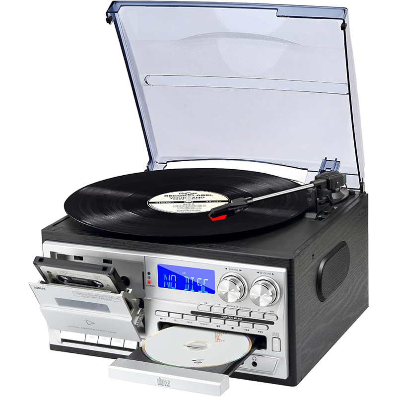 La platine vinyle 9-en-1 Jorlau est affichée de face avec son design détaillé et ses commandes visibles.
