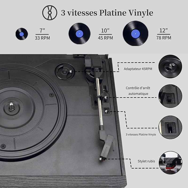 La platine vinyle 9-en-1 Jorlau est montrée avec ses différentes fonctionnalités et options multimédias.