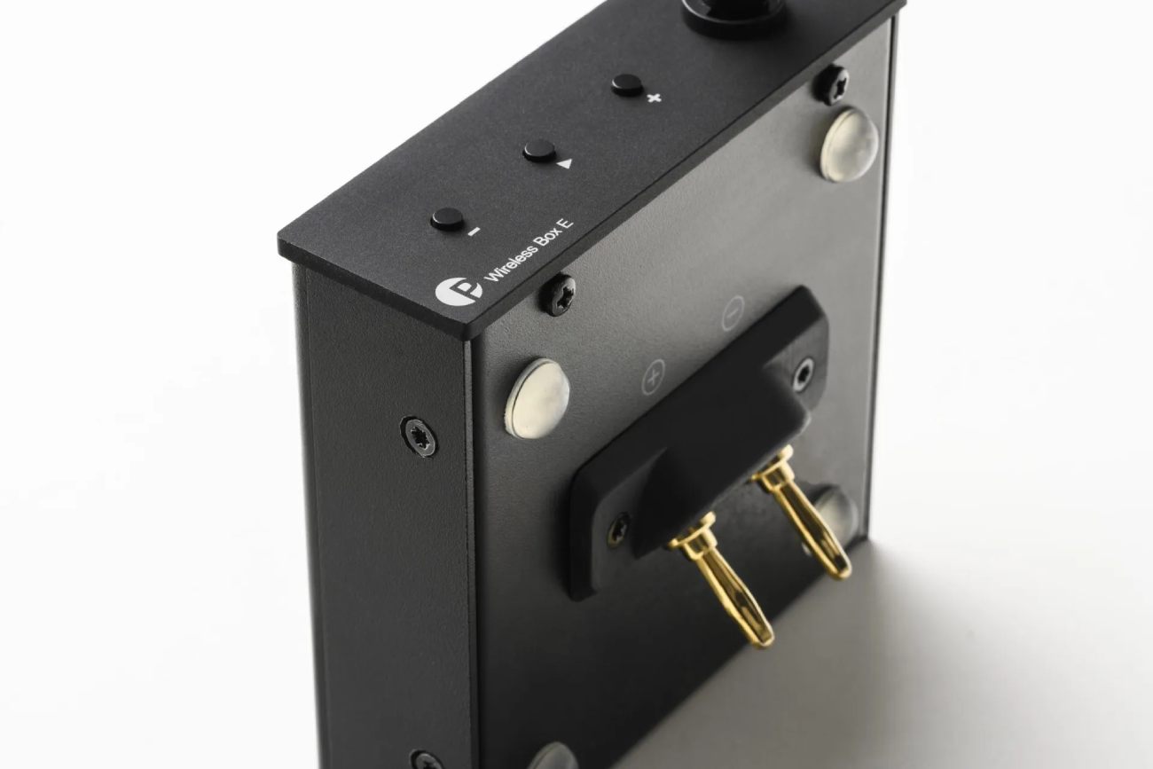 Détail des fiches bananes 4mm dorées et des contrôles physiques du Pro-Ject Wireless Box E