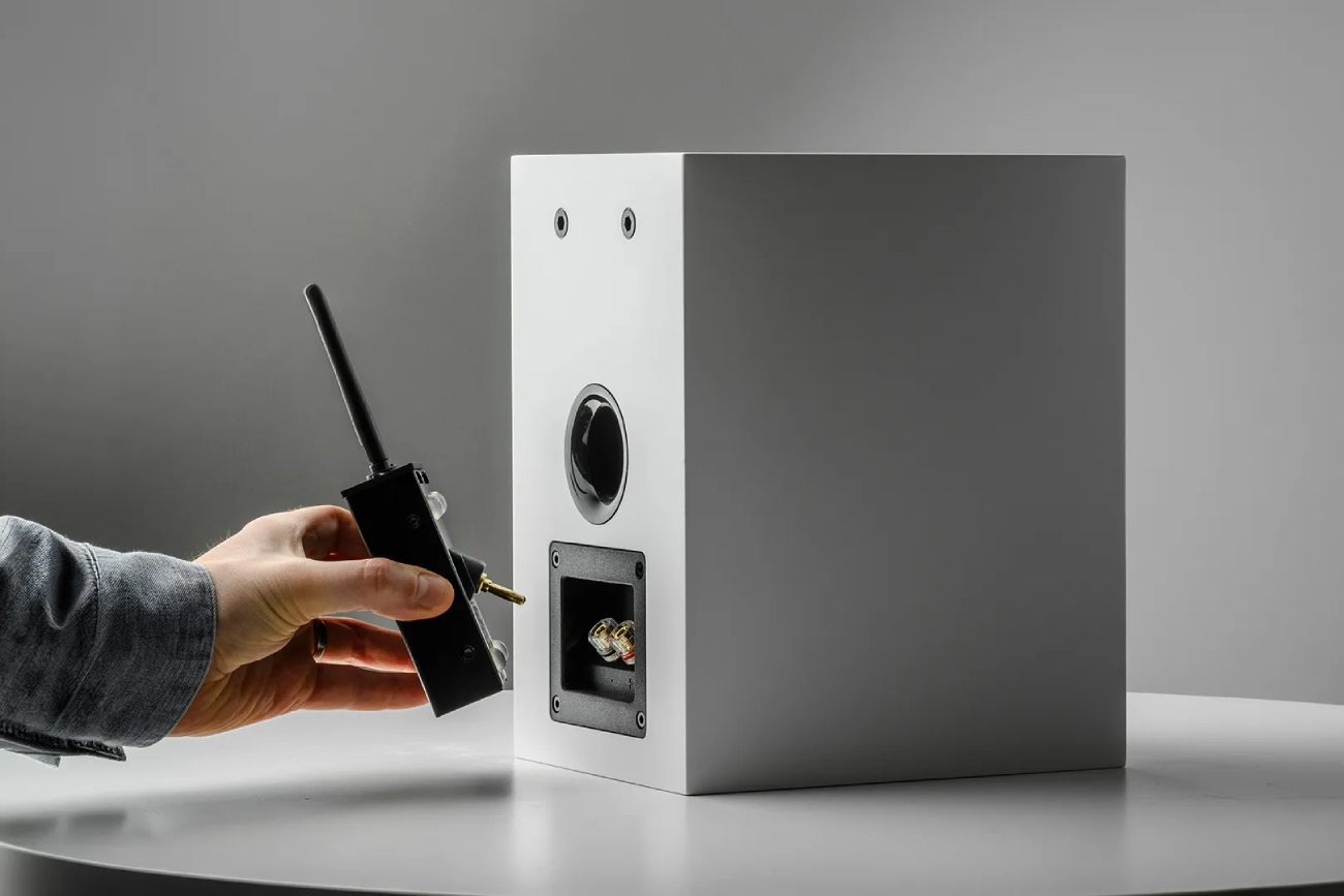 Installation du Pro-Ject Wireless Box E sur les bornes haut-parleur d'une enceinte passive via fiches bananes 4mm