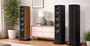 Colonnes Revel Performa4 F346 en finition Noyer Naturel et Noyer Noir dans un salon contemporain