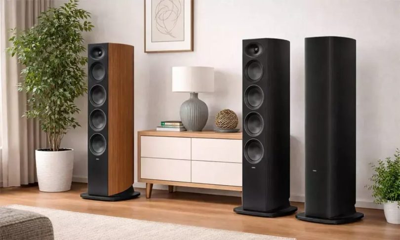 Colonnes Revel Performa4 F346 en finition Noyer Naturel et Noyer Noir dans un salon contemporain