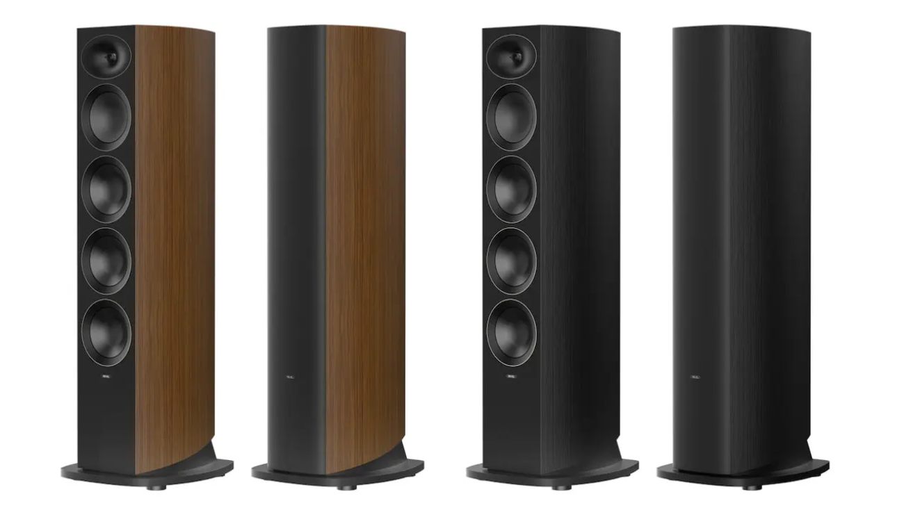 Colonnes Revel Performa4 F346 vues de face et de profil en finitions Noyer Naturel et Noyer Noir sur fond blanc