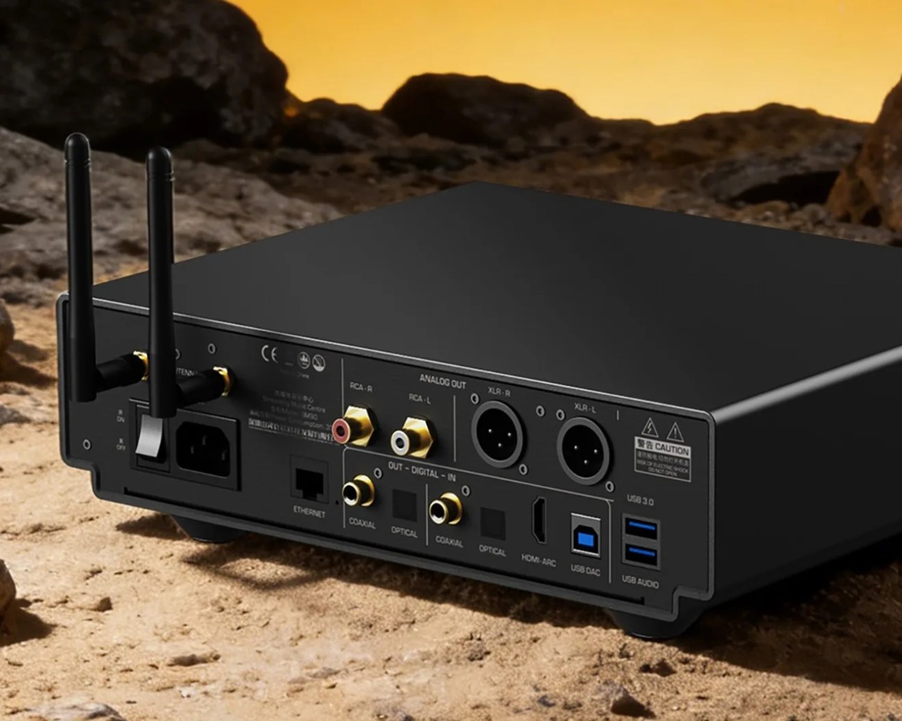 Panneau arrière du Shanling SM90 avec sorties XLR et RCA, entrées coaxiale, optique, HDMI ARC, USB DAC et Ethernet