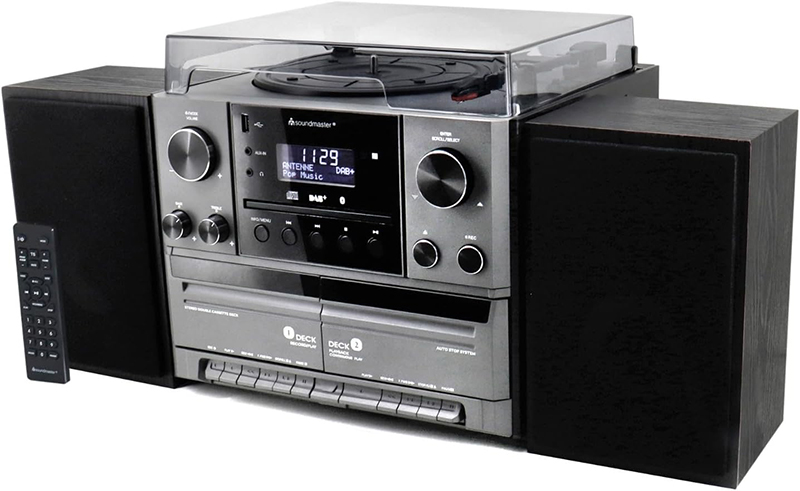 Le côté du Soundmaster MCD5600SW révèle ses ports de connexion et ses différentes options audio.