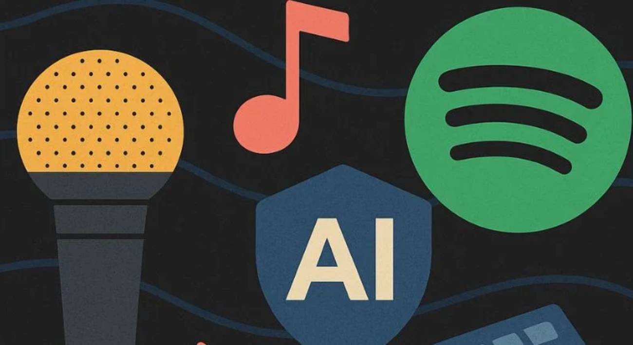 Illustration représentant le logo Spotify aux côtés d'un microphone, d'une note de musique et d'un bouclier portant l'inscription AI, symbolisant la lutte de la plateforme contre les dérives de la musique générée par intelligence artificielle