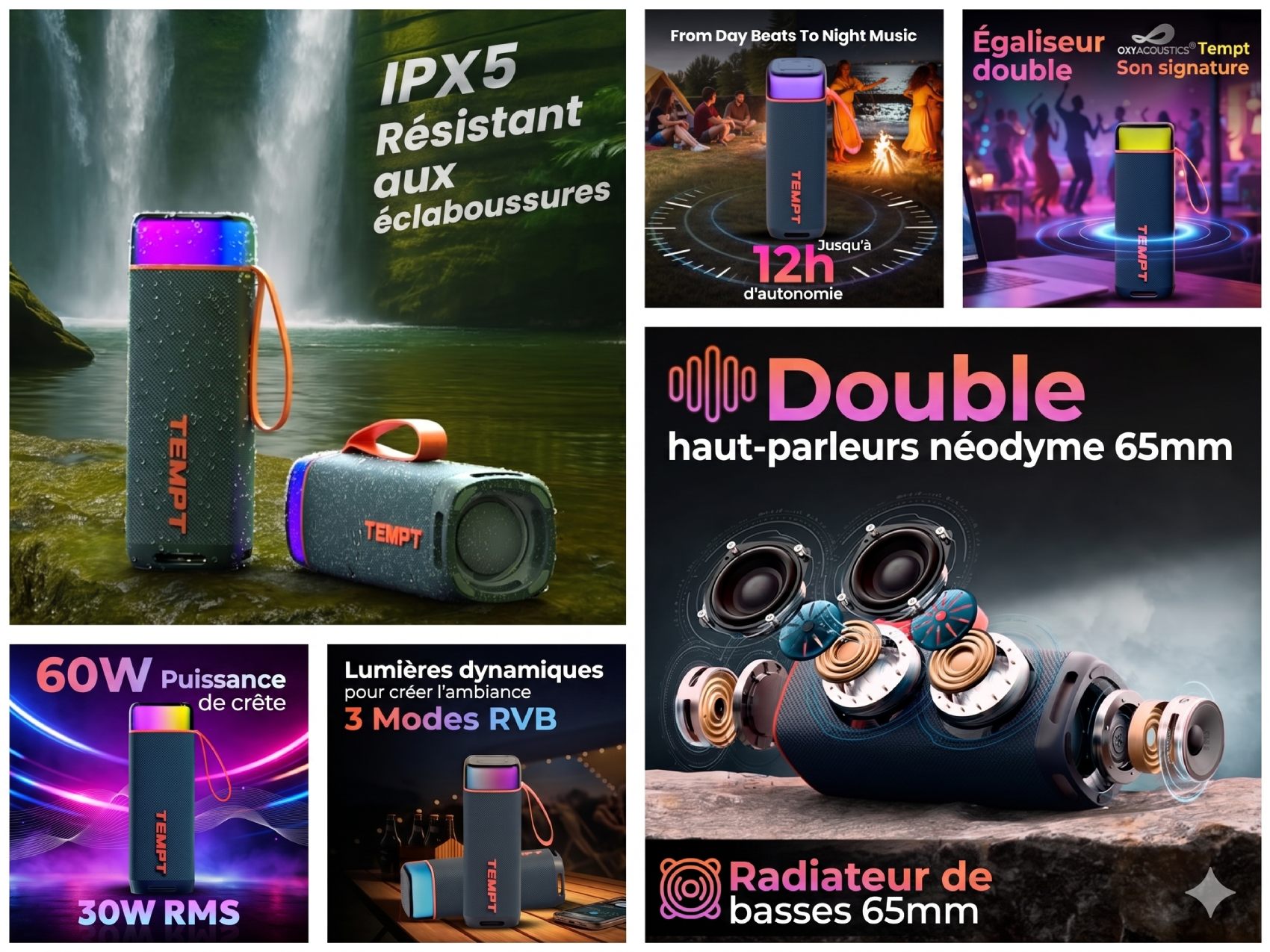 Infographie produit présentant les caractéristiques de l'enceinte Bluetooth TEMPT Enigma : IPX5 résistant aux éclaboussures, 30W RMS et 60W puissance de crête, double haut-parleurs néodyme 65 mm avec radiateur de basses, 3 modes RVB d'éclairage dynamique, 12 heures d'autonomie et égaliseur double OxyAcoustics