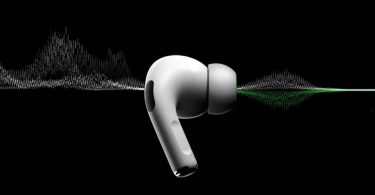 AirPods et écouteurs intra-auriculaires avec caméra intégrée, illustration d'ondes audio représentant la fusion entre captation visuelle et restitution sonore
