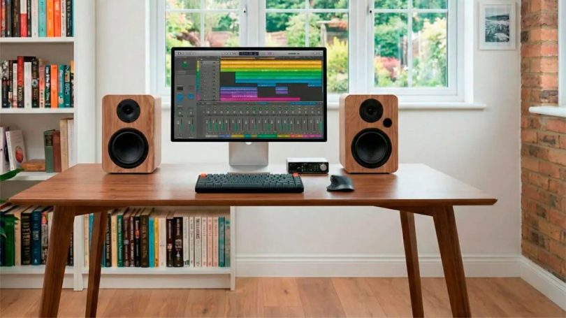 Enceintes actives Vulkkano A4 ARC MKII en finition bois sur un bureau avec écran et DAC audio