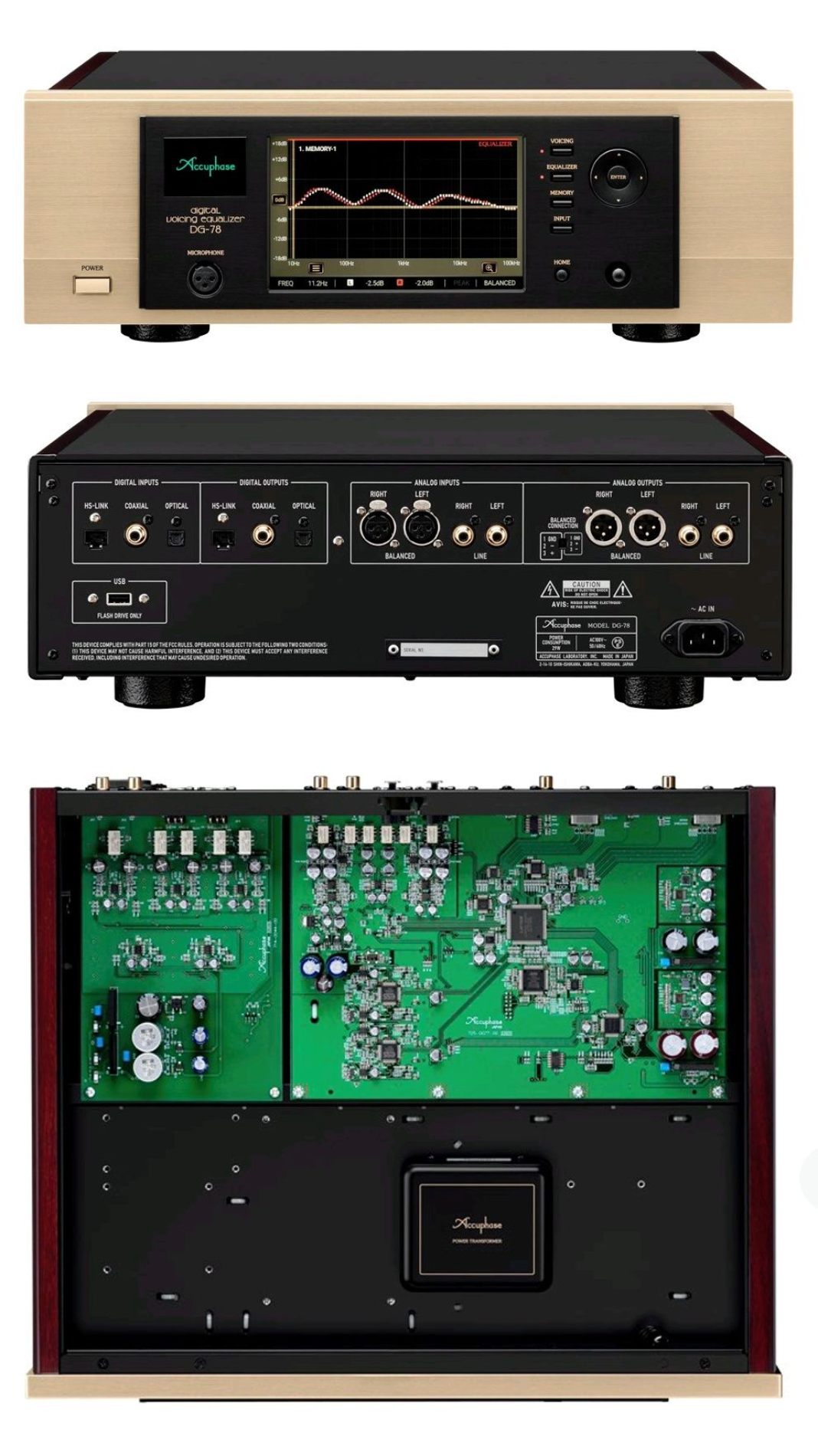 Vue technique éclatée triple de l'Accuphase DG-78 montrant la face avant champagne avec écran tactile et logo Accuphase, la face arrière avec connectique numérique HS-Link Coaxial Optical et analogique XLR RCA, et la vue intérieure des circuits compartimentés avec transformateur torique blindé et PCB DSP SHARC vert