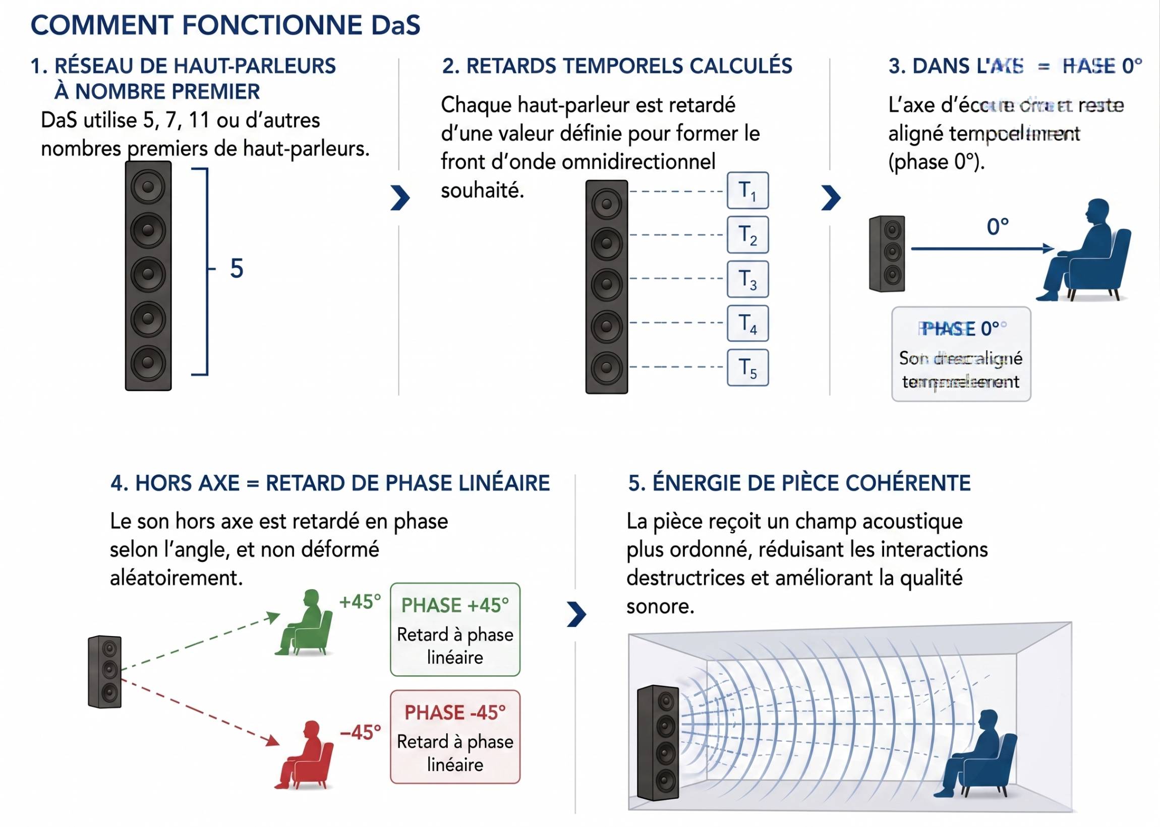Schéma pédagogique en cinq étapes expliquant le fonctionnement de la technologie DaS d'Acoustic3D, avec successivement le réseau de haut-parleurs à nombre premier, les retards temporels calculés, la phase zéro degré dans l'axe d'écoute, le retard de phase linéaire hors axe et la cohérence du champ acoustique dans la pièce