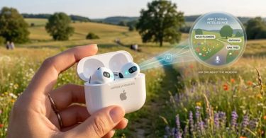 Main tenant un boîtier d'AirPods AI-Enabled ouvert dans une prairie ensoleillée, avec une infographie superposée illustrant Apple Visual Intelligence identifiant en temps réel les éléments visuels (Wild Flowers, Pathway, Oak Tree) et invitant à interroger Siri sur le paysage