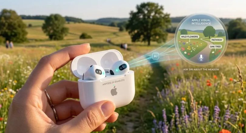 Main tenant un boîtier d'AirPods AI-Enabled ouvert dans une prairie ensoleillée, avec une infographie superposée illustrant Apple Visual Intelligence identifiant en temps réel les éléments visuels (Wild Flowers, Pathway, Oak Tree) et invitant à interroger Siri sur le paysage
