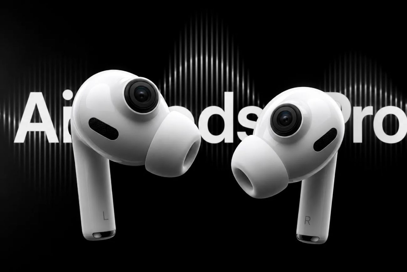 Apple AirPods Pro caméras intégrées rendu officiel L et R fond noir