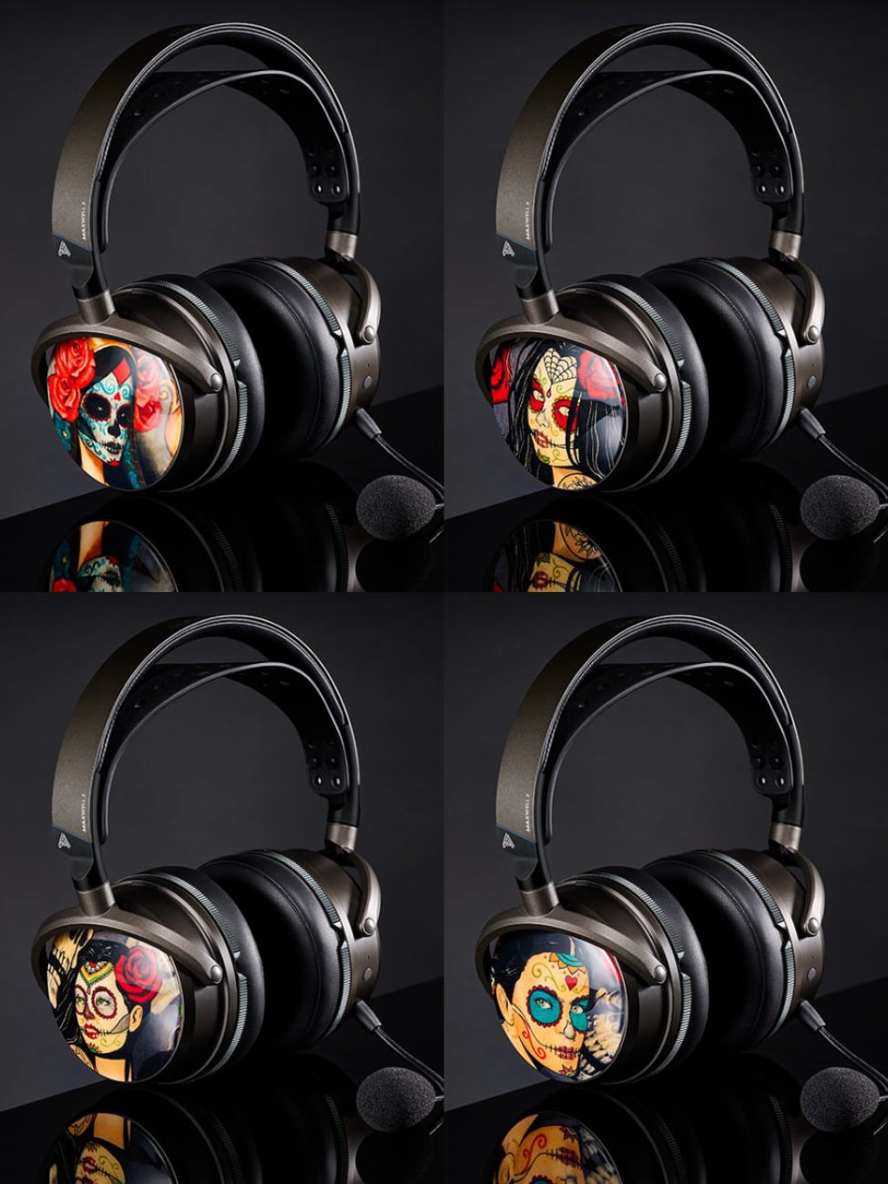 Composition photo studio en grille 2x2 présentant quatre casques Audeze Maxwell 2 équipés chacun d'une coque ReSkin Prestige Edition Día de los Muertos différente, avec figures de Catrinas peintes à la main, roses rouges, ornements floraux multicolores et finition laque haute brillance, fond noir réfléchissant