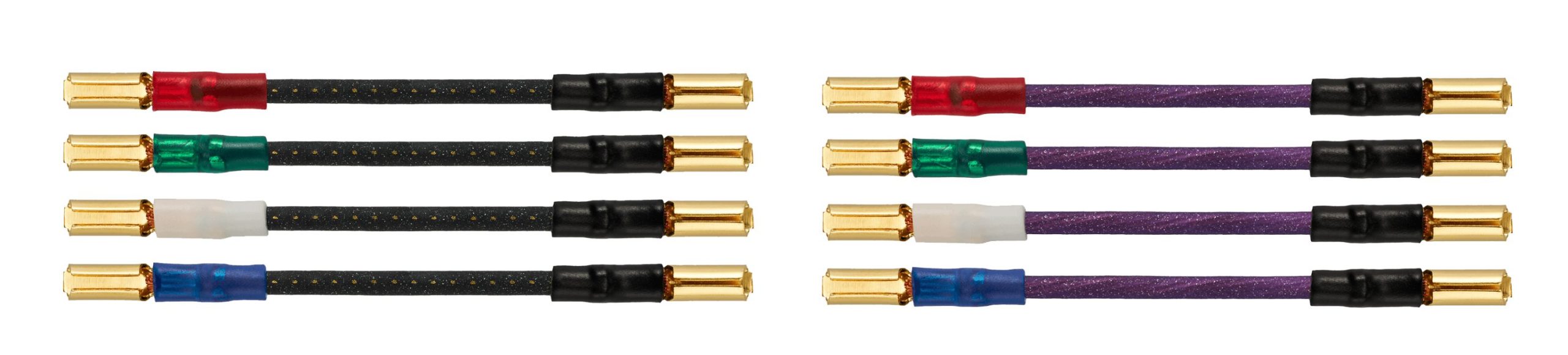 Vue détaillée des fils de headshell Audio-Technica AT6112x à gauche et AT6104x à droite, chaque jeu composé de 4 fils avec marqueurs de couleur rouge vert blanc et bleu pour le code de connexion cellule R+ R- L+ L- et clips triangulaires plaqués or aux deux extrémités, gaine PVC chargée mica noire mouchetée pour l'AT6112x et violette torsadée pour l'AT6104x