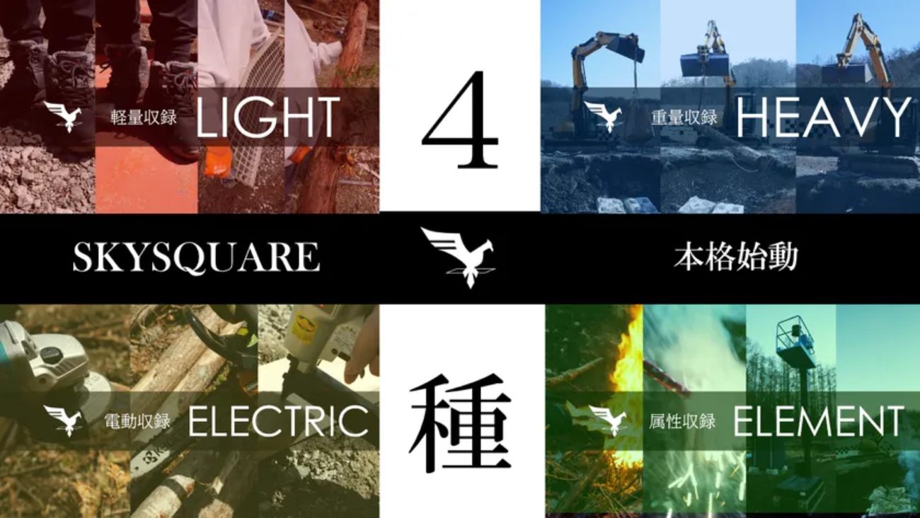 Planche officielle AZSTOKE présentant les 4 catégories d'enregistrement Foley du studio SKYSQUARE : LIGHT (manipulations légères), HEAVY (béton et engins), ELECTRIC (outils thermiques et électriques), ELEMENT (feu et glace), avec le logo SKYSQUARE et idéogrammes japonais 4種