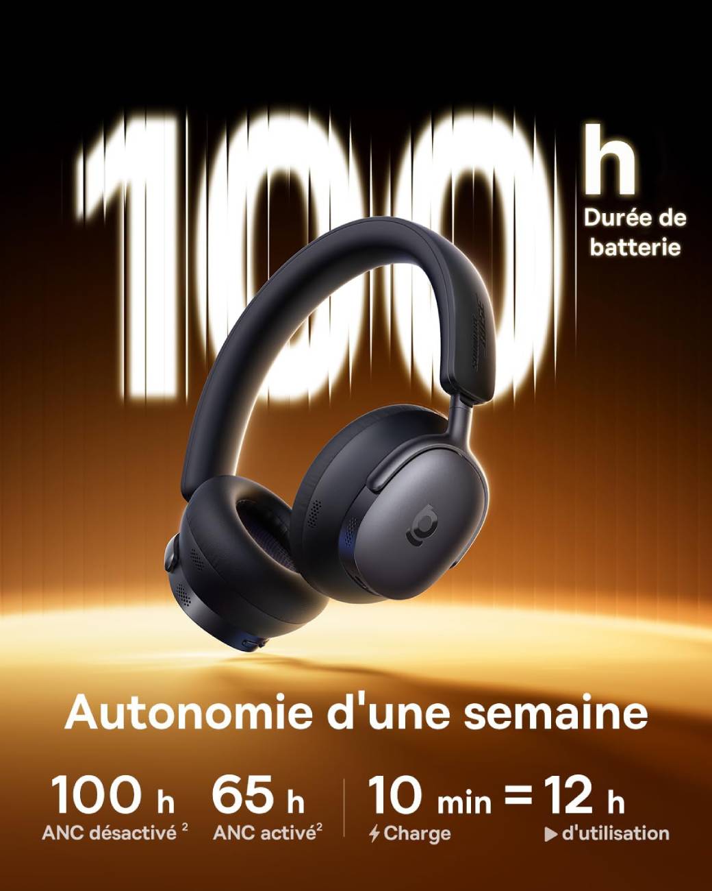 Visuel marketing officiel Baseus du casque Inspire XH1 en coloris Noir Cosmique avec mention 100h durée de batterie et détail des autonomies 100h ANC désactivé, 65h ANC activé, et charge rapide 10 minutes pour 12h d'utilisation