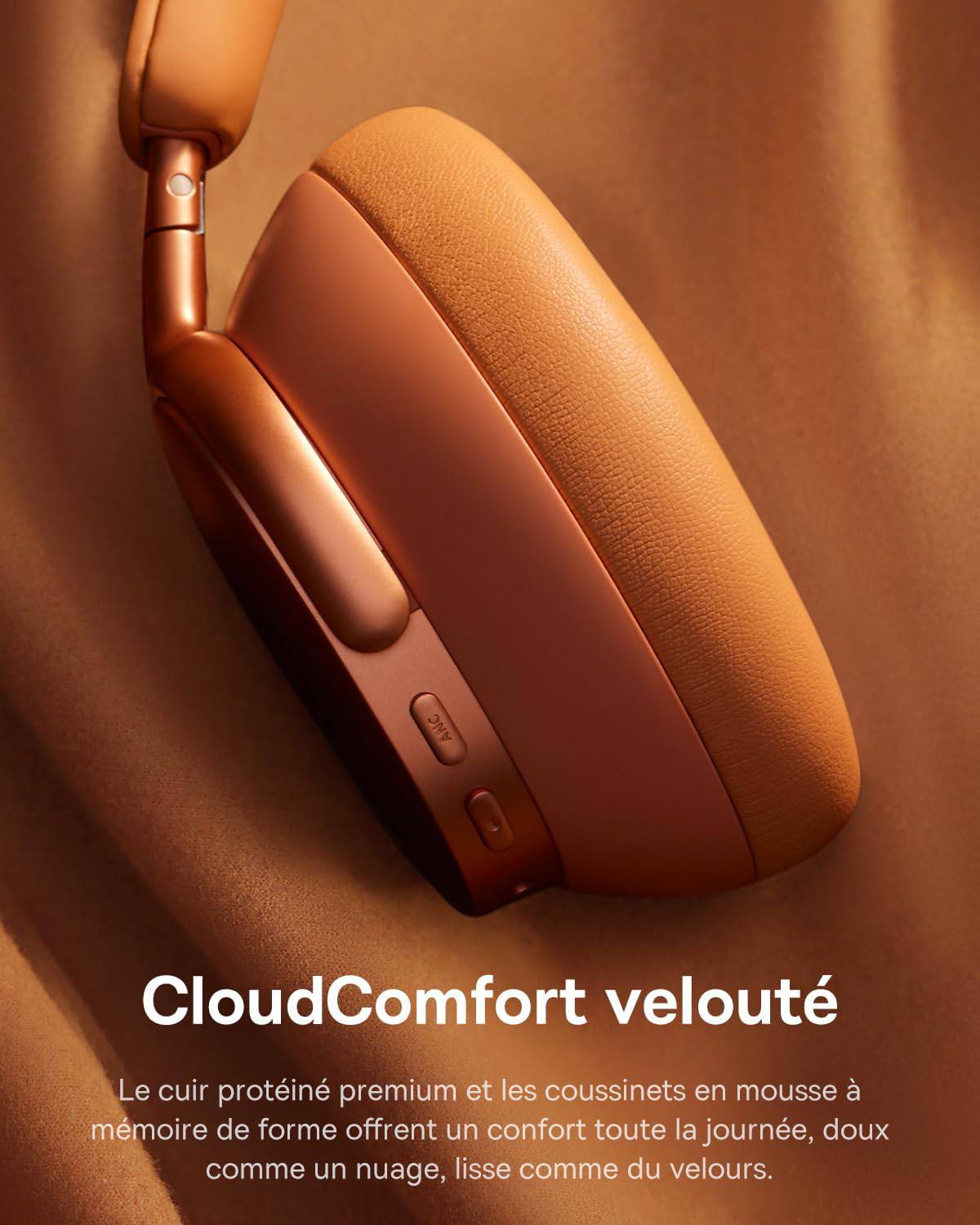 Vue macro latérale de la coupelle gauche du casque Baseus Inspire XH1 Orange Aurore révélant la texture matte du cuir protéiné CloudComfort, l'arceau orange métallique avec articulation, et les contrôles physiques visibles bouton ANC dédié, bouton multi-fonction et commande volume longue verticale