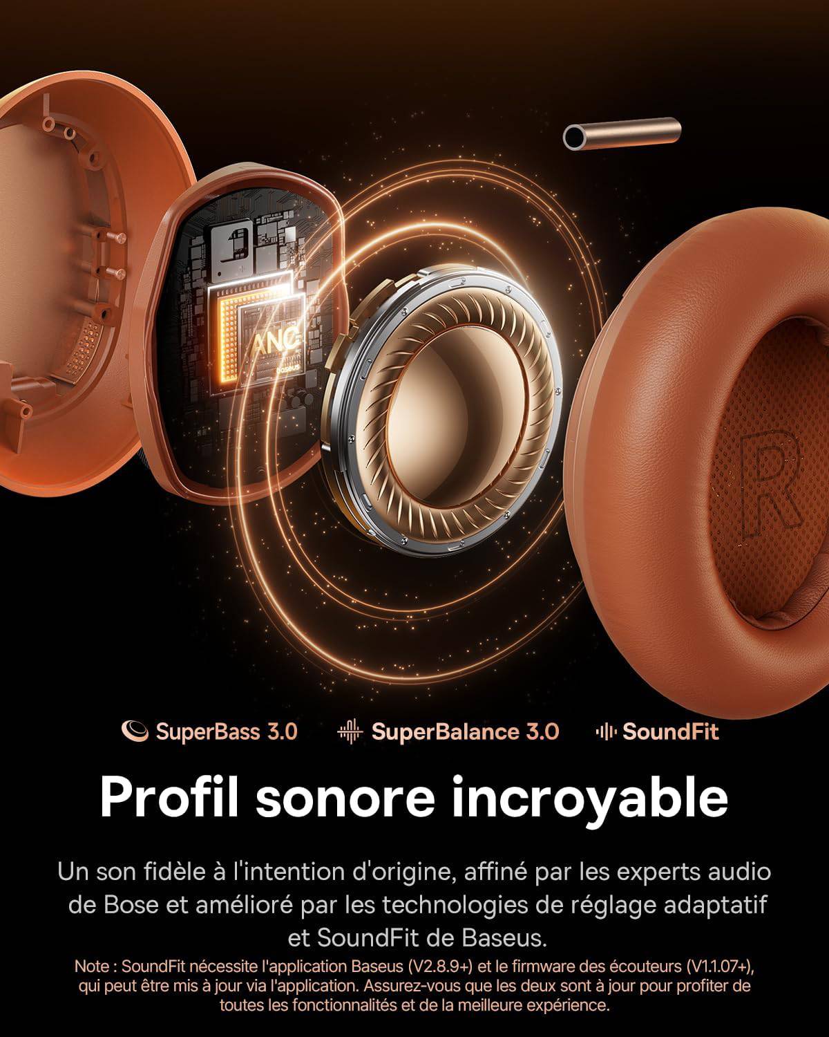 Vue éclatée technique officielle Baseus de la coupelle du casque Inspire XH1 Orange Aurore montrant le driver dynamique 35 mm avec membrane dorée et cadre métallique structuré, le module ANC avec circuit imprimé et puce dédiée, le coussinet en cuir protéiné marqué R et les trois logos des moteurs DSP SuperBass 3.0, SuperBalance 3.0 et SoundFit