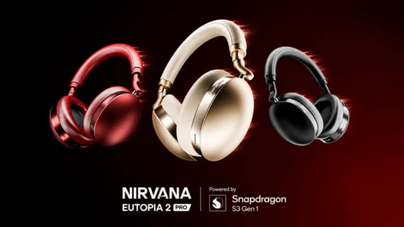Visuel officiel du casque sans-fil boAt Nirvana Eutopia 2 Pro présenté en trois coloris (rouge laqué, champagne doré et anthracite) sur fond noir avec dégradé rouge, et logo Powered by Snapdragon S3 Gen 1 en partie basse