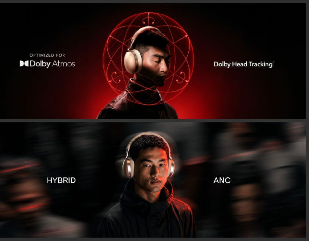 Visuel marketing du casque boAt Nirvana Eutopia 2 Pro en finition champagne doré porté par un mannequin, panneau supérieur avec sphère armillaire rouge et logos Dolby Atmos et Dolby Head Tracking, panneau inférieur avec mention Hybrid ANC en environnement urbain flou