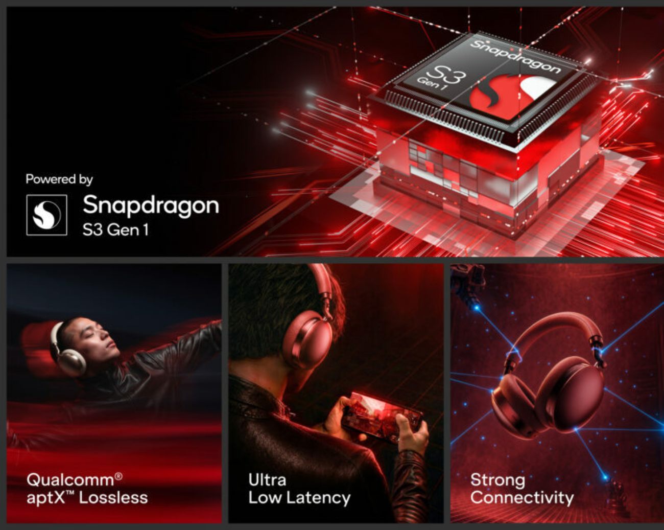 Visuel marketing du casque boAt Nirvana Eutopia 2 Pro structuré en quatre panneaux, panneau haut avec puce Snapdragon S3 Gen 1 en perspective, et trois panneaux bas illustrant Qualcomm aptX Lossless, Ultra Low Latency gaming et Strong Connectivity
