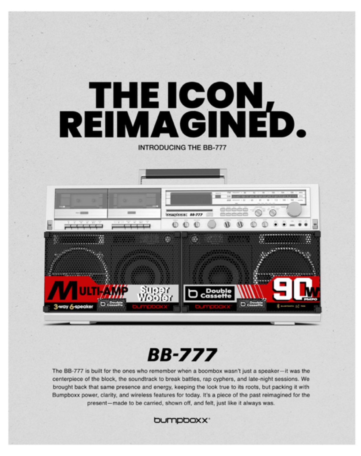 Visuel promotionnel du Bumpboxx BB-777, un ghetto-blaster moderne au design inspiré du Sharp GF-777 de 1981, affichant sa double platine cassette, ses six haut-parleurs sous grilles magnétiques et ses spécifications techniques "Multi-Amp 3-way".