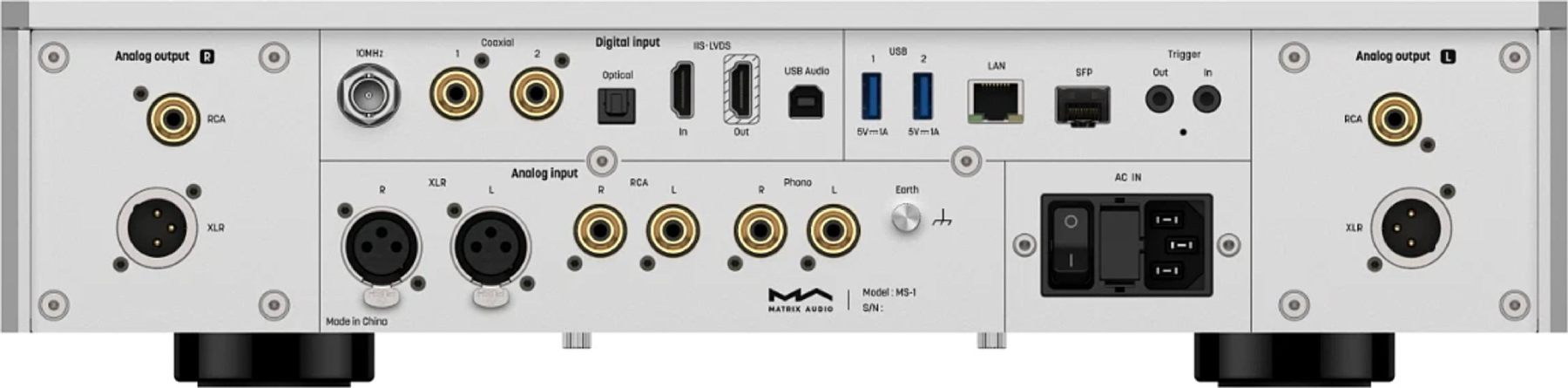Vue arrière détaillée de la connectique du Matrix Audio MS-1, montrant les entrées numériques, analogiques et phono absentes du modèle MS-1c.