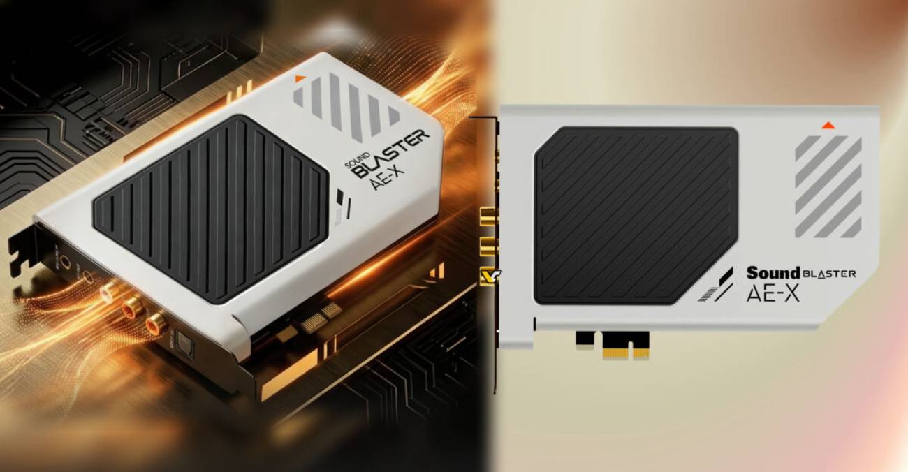 Visuel officiel Creative Sound Blaster AE-X présenté en double vue : à gauche rendu 3D de la carte installée sur une carte mère avec effets lumineux orangés montrant la connectique arrière (jacks 3,5 mm, RCA L/R dorés, optique TOSLINK), à droite vue de profil mettant en évidence le connecteur PCIe 3.0 x1 doré et le dissipateur hexagonal noir avec rainures diagonales du logo Sound BLASTER AE-X