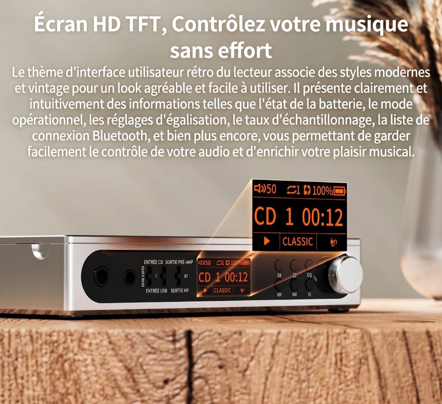 Détail de la façade du FiiO DM15 R2R en finition argent avec zoom sur l'écran TFT HD orange affichant le mode CD, la piste 1 à 00:12, le preset CLASSIC, le niveau de batterie 100% et le volume 50