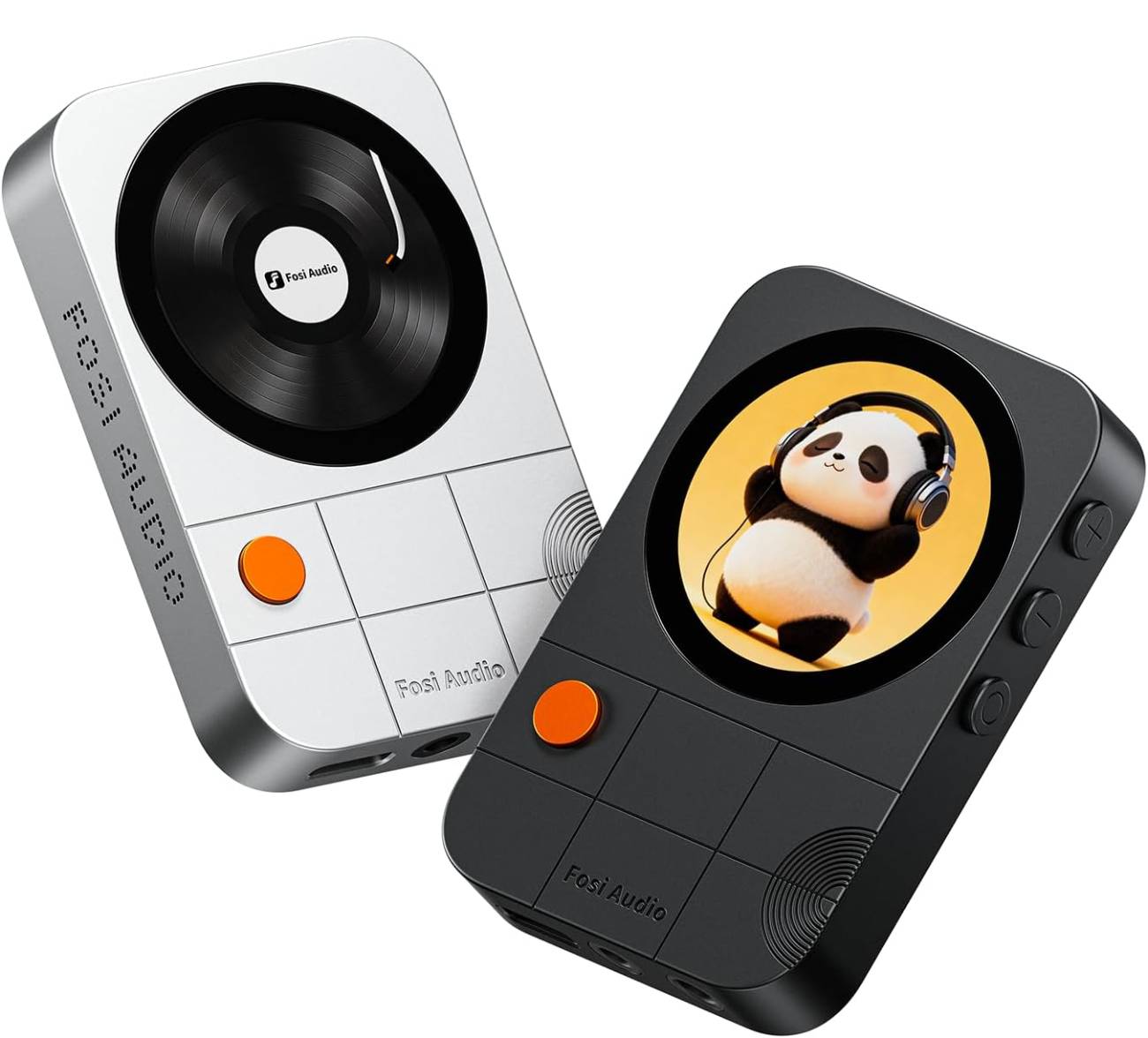 Les deux finitions du Fosi Audio MD3 MagDac côte à côte : version Argent à gauche avec animation vinyle 33 tours tournant à l'écran LCD circulaire, version Noir à droite avec illustration panda casqué animé, boutons Vista orange et commandes latérales volume visibles.