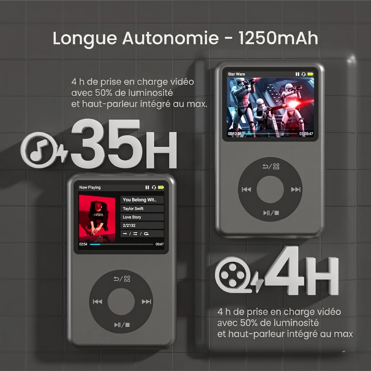 Infographie officielle en français illustrant l'autonomie du Innioasis Y1 128 Go avec batterie 1250 mAh, 35 heures d'écoute audio et 4 heures de lecture vidéo HD avec luminosité 50 pour cent et haut-parleur intégré au maximum, deux lecteurs Y1 noir anthracite affichant l'un un titre Taylor Swift et l'autre une scène vidéo Star Wars, fond grille noire moderne