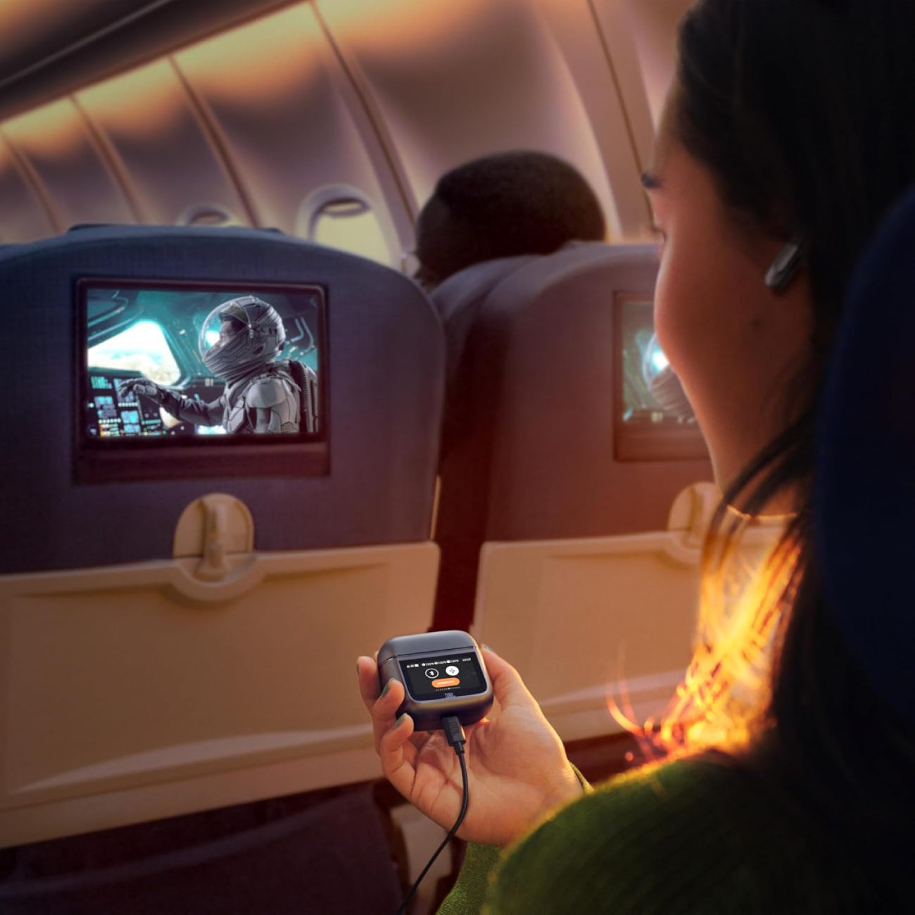 Femme dans un avion utilisant le transmetteur Bluetooth JBL Smart TX à écran tactile, branché en jack 3,5 mm sur le port audio du siège pour retransmettre le son du film vers ses écouteurs Bluetooth, écran tactile rectangulaire affichant l'interface Auracast et le statut de connexion, ambiance crépusculaire chaleureuse