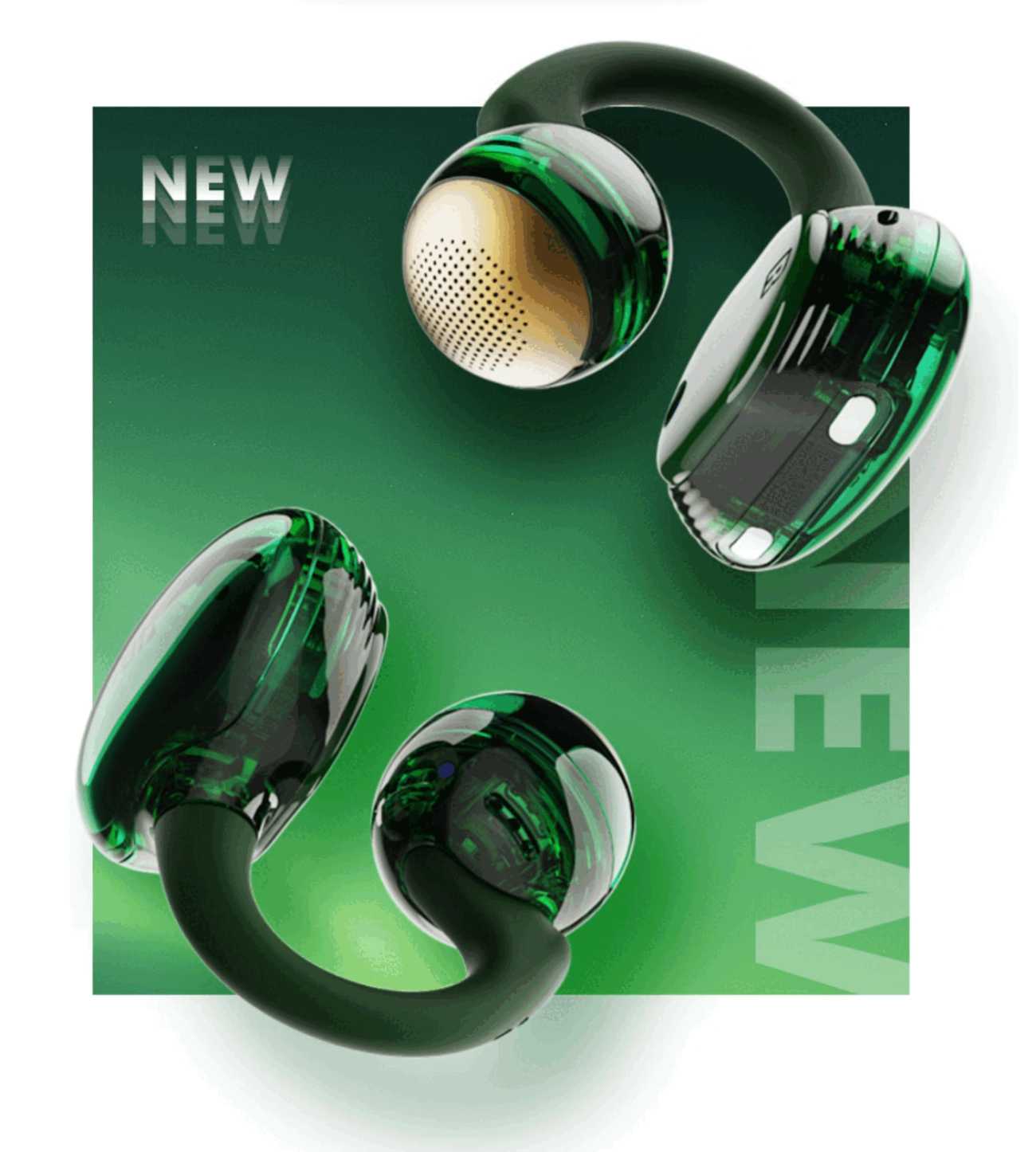 Vue détaillée des écouteurs JBL Soundgear Clips finition Emerald Green montrant en gros plan le driver dynamique 11 mm avec sa grille de protection dorée perforée, le clip TPU vert foncé opaque et le module électronique visible en transparence sous la coque vert émeraude