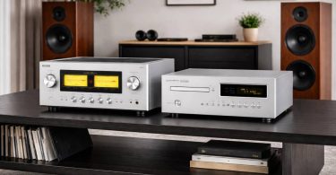 Duo Luxman Centenaire L-100c et D-100c posés côte à côte sur meuble hi-fi noir, ampli intégré classe A à vu-mètres jaunes à gauche, lecteur SACD/CD avec écran OLED à droite, deux enceintes bibliothèque acajou en arrière-plan