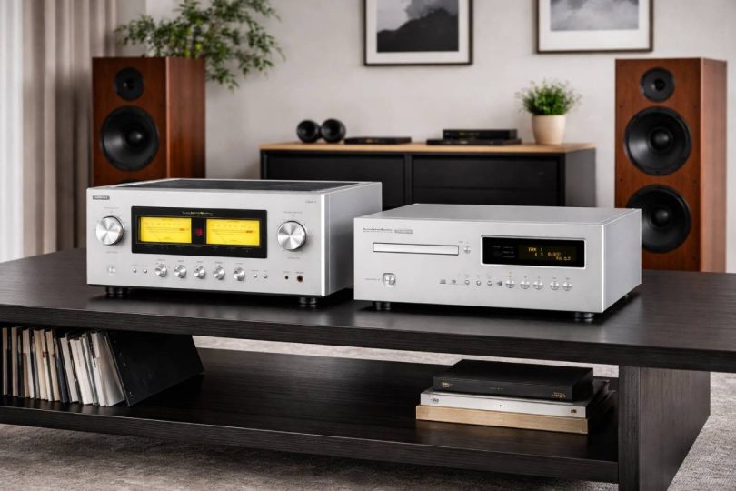 Duo Luxman Centenaire L-100c et D-100c posés côte à côte sur meuble hi-fi noir, ampli intégré classe A à vu-mètres jaunes à gauche, lecteur SACD/CD avec écran OLED à droite, deux enceintes bibliothèque acajou en arrière-plan