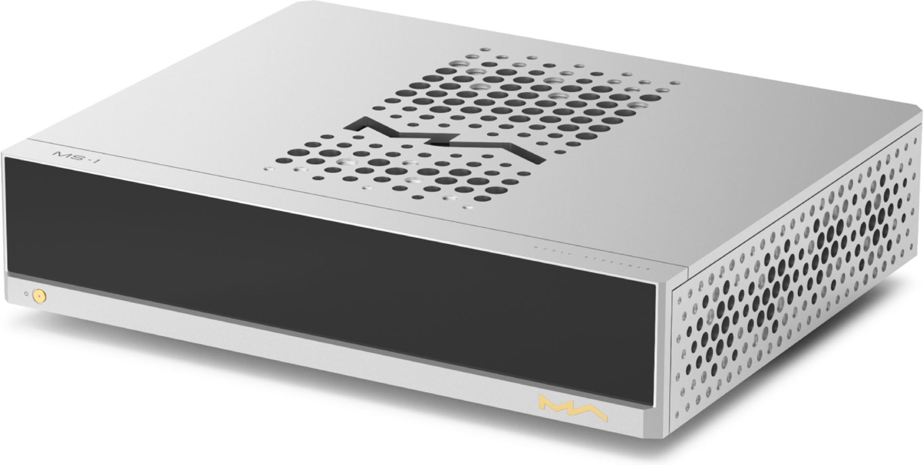 Vue de trois-quarts du streamer-DAC Matrix Audio MS-1c en finition argentée, mettant en évidence son châssis hi-fi de 43 cm, sa façade avec écran tactile large et ses aérations supérieures distinctives en forme de "M".