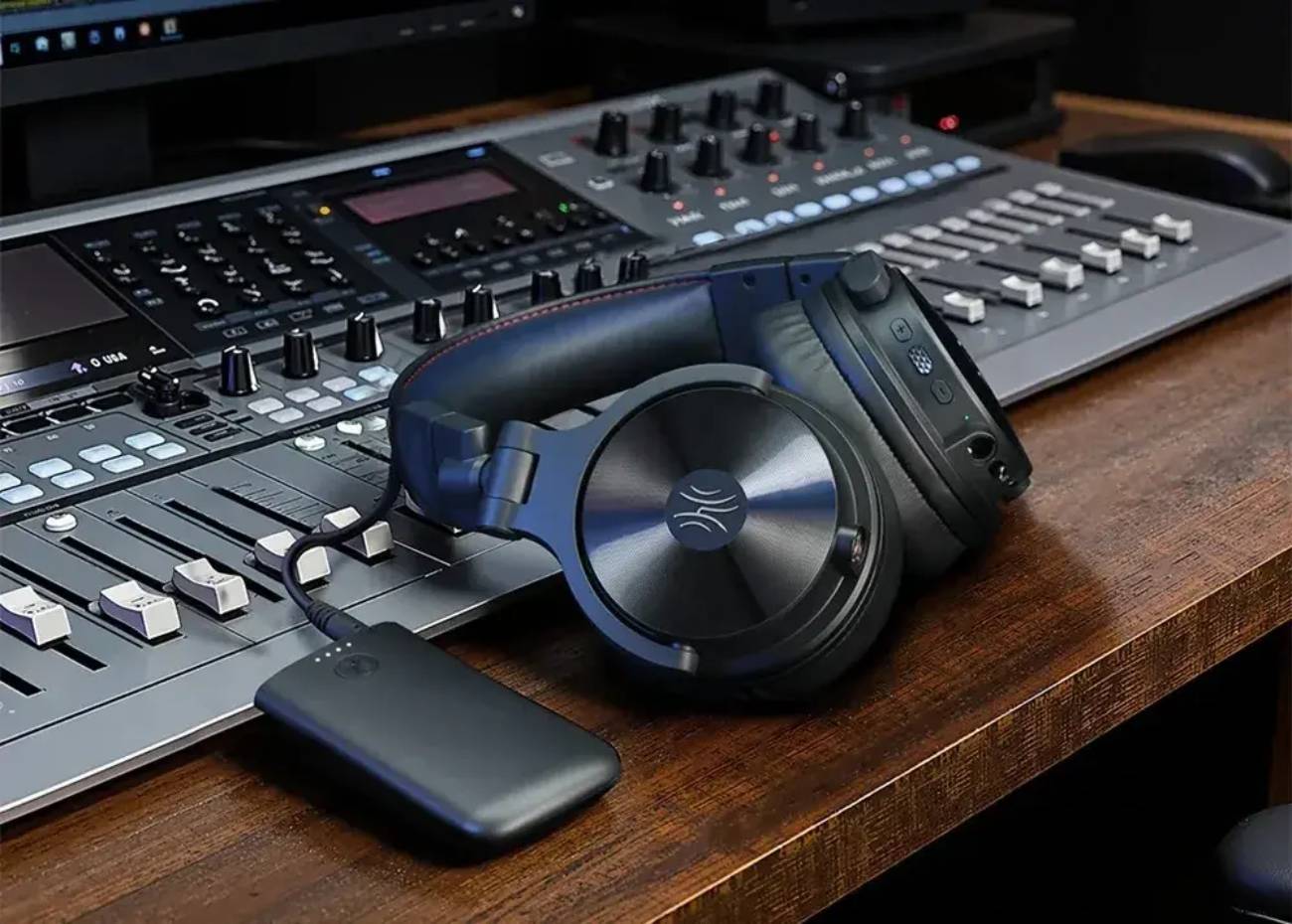 Casque OneOdio Studio Max 2 noir aux coques aluminium brossé posé près de son transmetteur sans fil 2,4 GHz M2 relié par câble USB-C, devant une console de mixage DJ professionnelle dans un studio