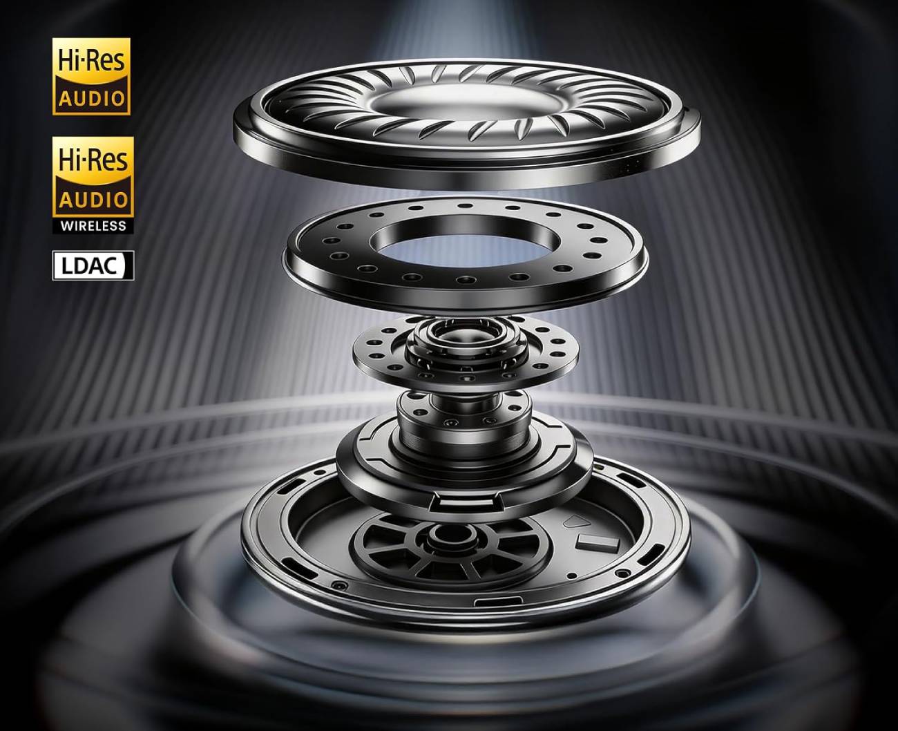 Vue éclatée du driver dynamique 45 mm du OneOdio Studio Max 2 montrant le diaphragme, le saladier, l'aimant studio-grade et le châssis, avec en haut à gauche les logos officiels Hi-Res Audio, Hi-Res Wireless et LDAC