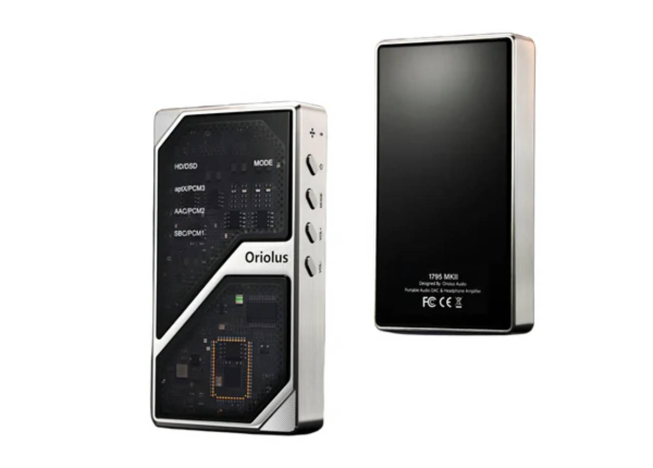 Vue technique des faces avant et arrière du DAC portable Oriolus 1795MKII AL en aluminium hairline avec panneau de verre semi-transparent dévoilant le PCB et les deux puces PCM1795 entourées d'un cadre pointillé orange dans la zone analogique basse, voyants codec HD/DSD aptX/PCM3 AAC/PCM2 SBC/PCM1 visibles, et face arrière noire mate avec marquage 1795 MKII et logos réglementaires FCC CE WEEE