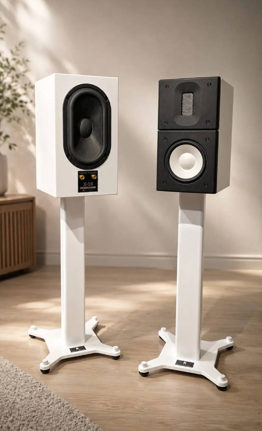 Enceinte compacte Raidho X1.6 Reference en finition blanc piano sur pied dédié, montrant le tweeter ruban scellé et le haut-parleur grave-médium Ceramix 6,5 pouces sur baffle avant en aluminium moulé