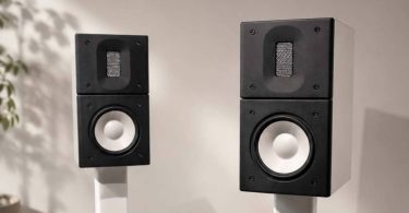 Paire d'enceintes compactes Raidho X1.6 Reference en finition noire posées sur les pieds blancs Raidho/Scansonic, tweeter ruban scellé rectangulaire en partie haute et haut-parleur grave-médium Ceramix 6,5 pouces à membrane claire en partie basse