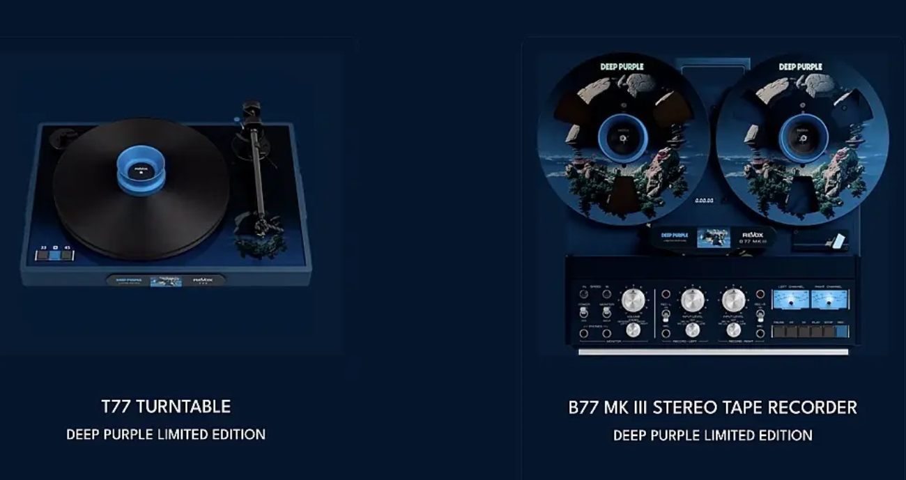 Visuel officiel Revox Deep Purple Limited Edition montrant à gauche la platine vinyle T77 en finition bleu nuit avec palet central bleu et boutons 33/45 tr/min, à droite le magnétophone à bande B77 MK III avec ses deux bobines décorées affichant le visuel SPLAT! (îlots rocheux marins) et son panneau de contrôle complet avec VU-mètres bleus