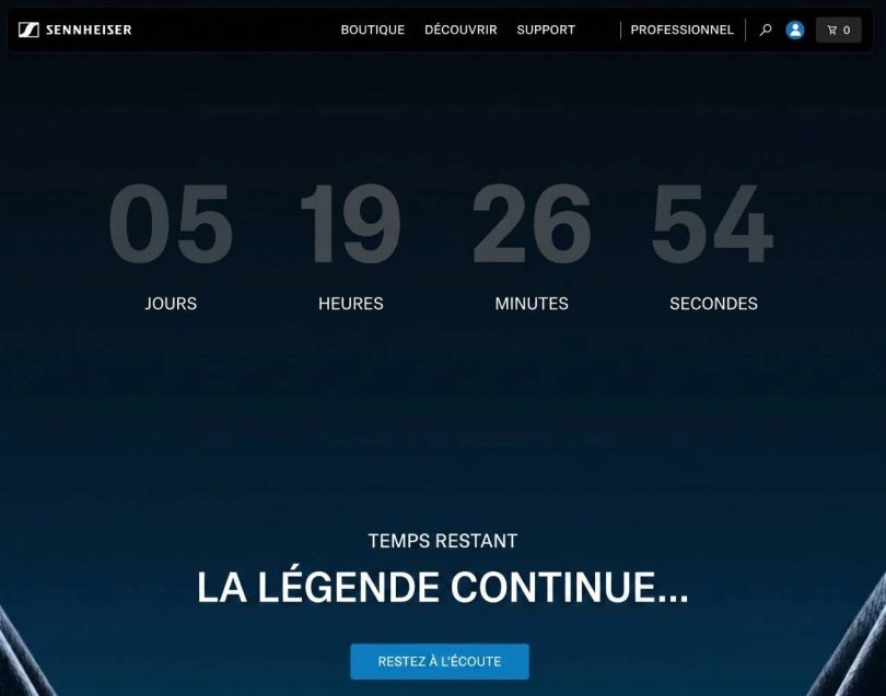 Capture d'écran du teaser officiel Sennheiser sur sennheiser.com affichant un compte à rebours en jours, heures, minutes, secondes avec la mention "Temps restant" et le slogan "La légende continue" sur fond bleu nuit, annonçant l'arrivée imminente du Momentum 5 Wireless
