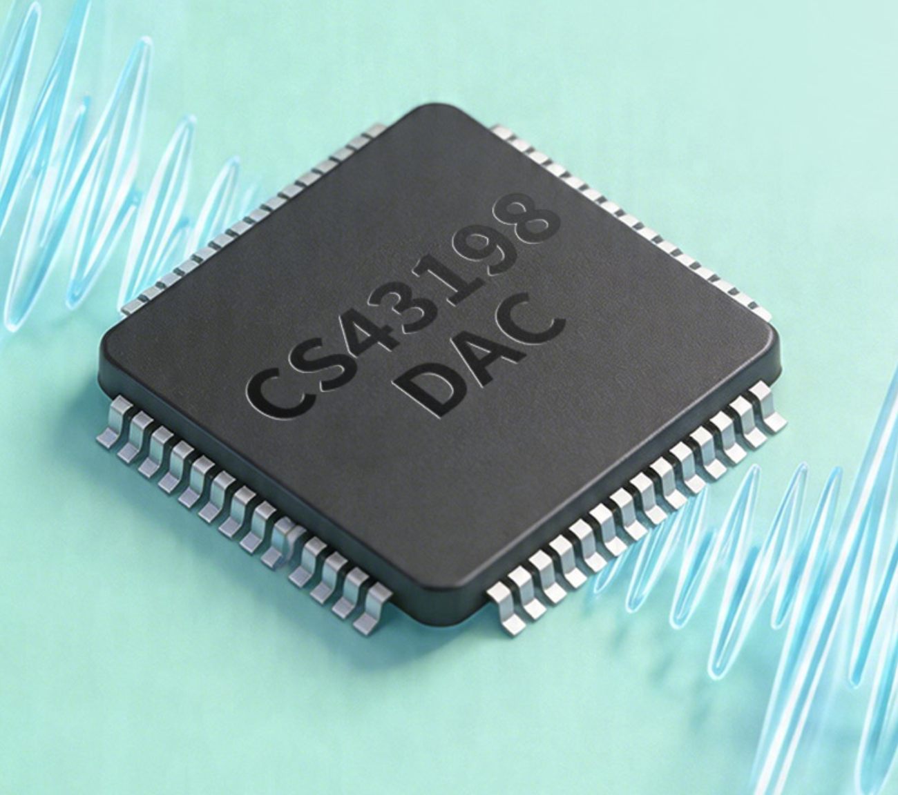 Vue rapprochée illustrative de la puce DAC Cirrus Logic CS43198 utilisée dans le Shanling EC Play, boîtier QFN noir avec broches argent SMD apparentes et marquage CS43198 DAC en relief, posée sur un fond turquoise pâle avec ondes sonores stylisées en bleu transparent évoquant le traitement du signal audio numérique vers analogique