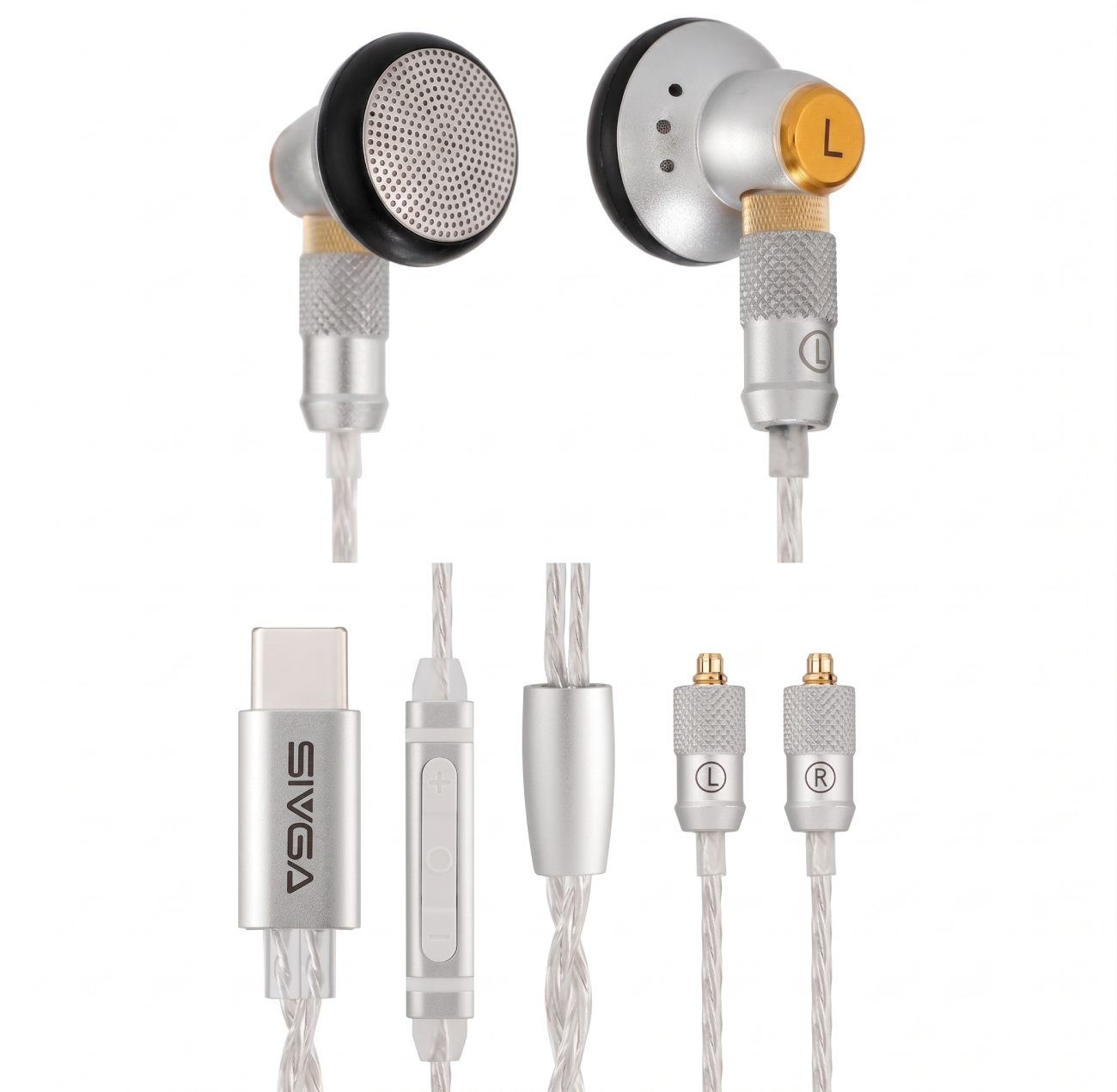 Photographie produit officielle Sivga M260 en composition fond blanc montrant en haut les deux écouteurs flathead en aluminium argenté avec accents laiton (vue face avec grillage frontal du driver dynamique 14,2 mm sur l'écouteur droit et vue arrière avec marquage L doré et trous de ventilation sur l'écouteur gauche), et en bas le câble USB-C avec connecteur SIVGA gravé, télécommande à trois boutons volume plus moins et bouton central de lecture, séparateur de câble en aluminium, et les deux connecteurs MMCX mâles avec marquage canal L et R individualisés