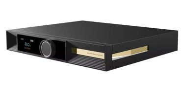 Vue trois-quarts du SMSL VMV D2R MK2 en finition noir laqué, flagship DAC desktop à puce ROHM BD34302EKV avec écran couleur 1,9 pouces affichant USB DSD 22,579 kHz, bouton de volume central métallique et panneau frontal doré gravé "D2R HIGH RESOLUTION DAC"