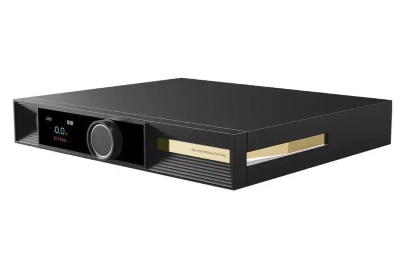 Vue trois-quarts du SMSL VMV D2R MK2 en finition noir laqué, flagship DAC desktop à puce ROHM BD34302EKV avec écran couleur 1,9 pouces affichant USB DSD 22,579 kHz, bouton de volume central métallique et panneau frontal doré gravé "D2R HIGH RESOLUTION DAC"