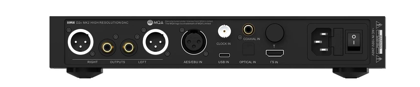 Vue détaillée du panneau arrière du SMSL VMV D2R MK2 en finition noir laqué montrant de gauche à droite la sérigraphie VMV D2R MK2 HIGH RESOLUTION DAC avec licence MQA, les sorties symétriques XLR Right et Left encadrant les sorties RCA asymétriques sous le label OUTPUTS, l'entrée AES/EBU XLR, l'entrée Clock In BNC pour horloge externe 10 MHz, l'entrée USB-C en façade arrière, l'entrée optique TOSLINK, l'entrée coaxial RCA, l'antenne Bluetooth dévissable, l'entrée I²S sur connecteur HDMI, et l'embase secteur IEC universelle 100-240V avec interrupteur principal et avertissement WARNING risk of electric shock